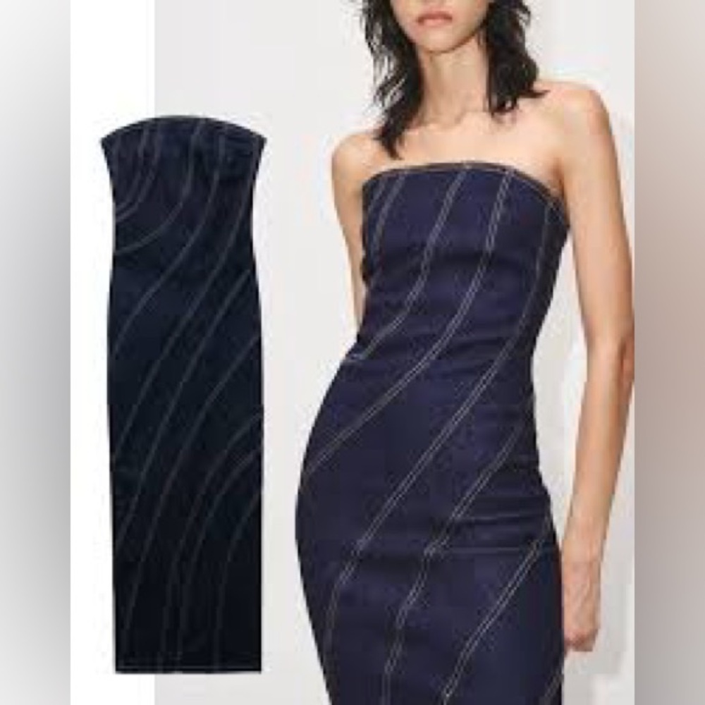 NWT Zara Denim Strapless Midi Sculpted Stitch Dress Medium & Large